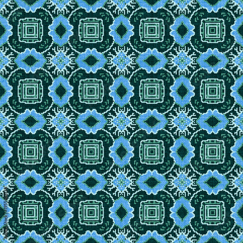 Teal Green Ethnic Geometric Seamless Pattern with Light Blue Motif, Tribal Pixel Textile Style Ornament Background for Fabric Print, Wallpaper and Surface Design