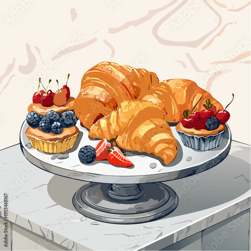 Illustration of golden croissants and vibrant berry tarts elegantly presented on a dessert stand, perfect for a delightful breakfast or sweet treat