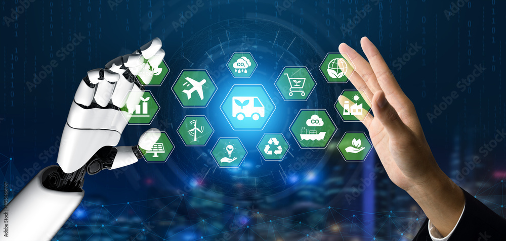 Naklejka premium Artificial intelligence enhances green energy network and carbon reduction to promote sustainability Parse