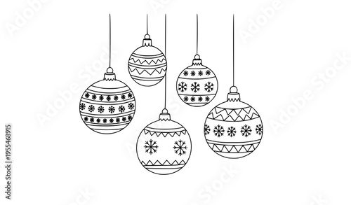 Minimal Christmas baubles snowflake doodle line art vector illustration