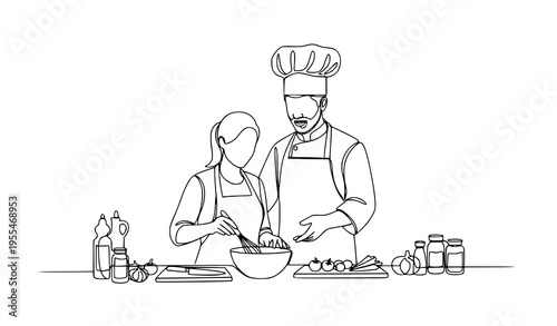 Continuous one line drawing chef teaching woman cooking class vector illustration