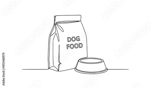 One continuous line drawing dog food bag and bowl pet vector illustration