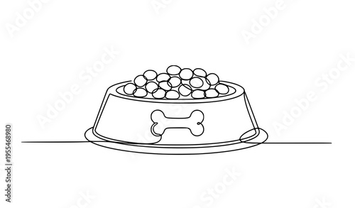 Minimal dog food bowl with bone icon continuous line art vector illustration