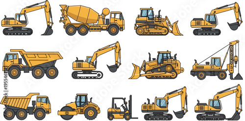 Vector collection of heavy construction machinery icons including yellow excavators, dump trucks, concrete mixers, bulldozers, and road rollers on white background for industrial design projects.