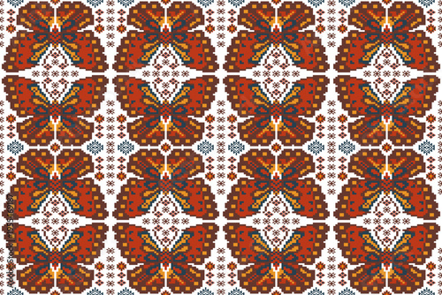 A sophisticated seamless vector pattern featuring abstract butterfly motifs in a geometric  style. The design combines warm tones of burnt orange, perfect for ethnic inspired textile, high end fashion