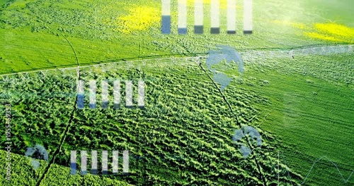 Hovering drone capturing green crop canopy at rural farm, showing HUD overlays and yellow patches