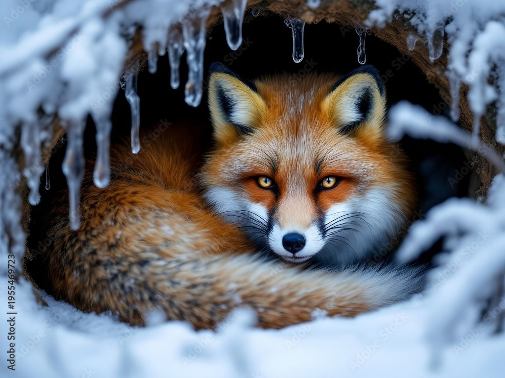 Fototapeta premium Red Fox Resting in Snowy Winter Den