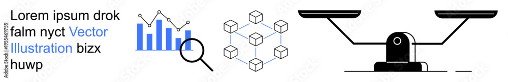Obraz premium Data analysis, blockchain systems, legal balance, technology, innovation, decision-making. Magnifying glass on bar graph, blockchain structure scales of justice. Data analysis and blockchain