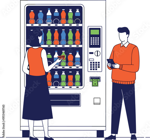 Vector illustration of a man and woman buying refreshing bottled drinks from a modern vending machine in a public space or office breakroom.