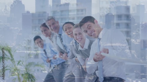 Lead man leaning and pointing at camera sparking corp team leaning and posing, skyline merging