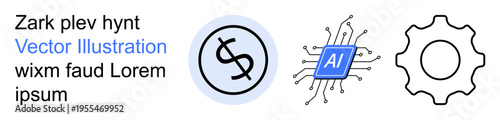 Artificial intelligence, technology, economy, automation, machine learning, fintech. Currency symbol, AI chip gear. AI applications and technology integration in economy