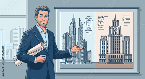 Illustration of a businessman presenting architectural blueprints in a modern office with cityscape background.