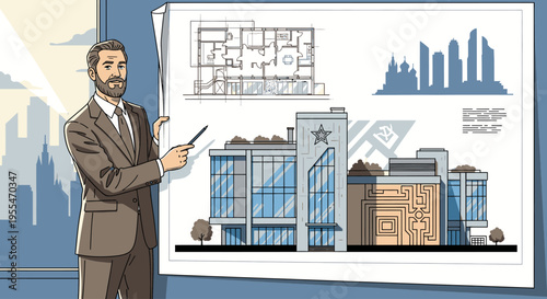 Businessman in a brown suit presenting architectural blueprints on a whiteboard with cityscape background.