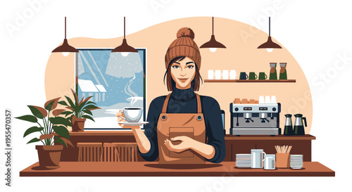 Illustration of a young woman wearing an apron presenting a cup of coffee behind a counter with coffee equipment and plants in a modern cafe setting.