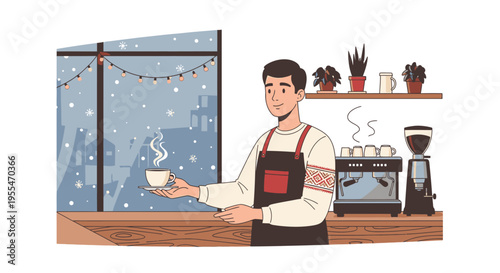 Illustration of a smiling barista holding a steaming cup of coffee in a cozy cafe with a snowy cityscape view.
