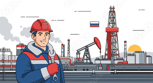 An industrial worker in a red hard hat and blue uniform stands in front of an oil rig and industrial complex with a Russian flag flying.