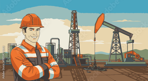 Illustration of an industrial worker in orange safety gear standing confidently in front of an oil rig and industrial equipment against a backdrop of hills and a partly cloudy sky.