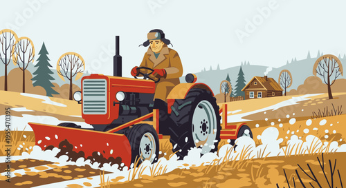 Illustration of a man driving a red tractor through a snowy field on a winter day with trees and a house in the background.