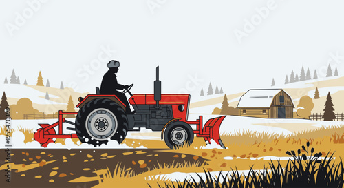 Illustration of a person driving a red tractor with a snowplow through a snowy rural landscape with a barn and trees in the background.