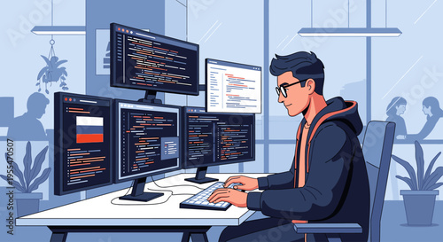 Illustration of a young man coding on multiple computer monitors at a desk in a modern office with a blue color scheme and plants in the background.