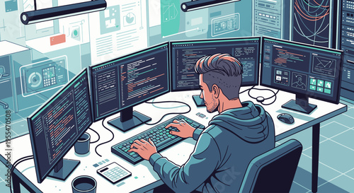 A man sits at a corner desk with multiple monitors and coding on a computer in a modern office space with a futuristic ambiance and blue tones.