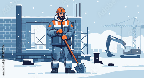 A construction worker in winter gear holds a shovel on a snowy building site with an excavator and unfinished brick wall in the background.
