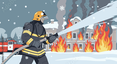 Firefighter in full gear spraying water on a burning house in a snowy neighborhood with smoke rising.