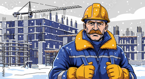 Illustration of a construction worker in winter gear standing in front of a building site with a crane and falling snow.