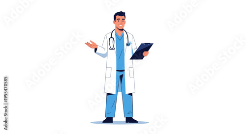 Illustration of a male doctor in a white coat holding a tablet and gesturing on a clean white background with a professional mood.