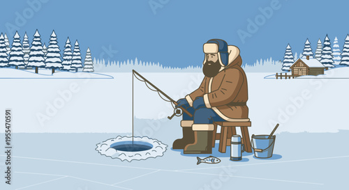 Illustration of a man ice fishing on a frozen lake with a cabin and trees in the background, wearing winter clothing and holding a fishing rod.