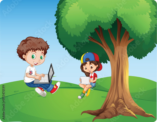 Kids Cartoon Illustration Set – Children Playing, Nature Landscape, Outdoor Learning, Cute Cartoon Characters Vector
