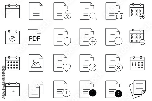 Document set of web icons in line style. Documents linear icon collection. Containing contract papers, folder, certificate, accept, approved, clipboard, invoice, archive and more. Editable stroke
