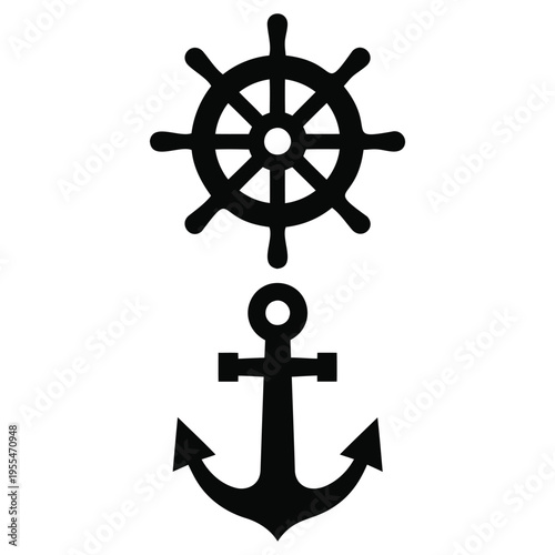 A black and white image of an anchor and a ship's wheel