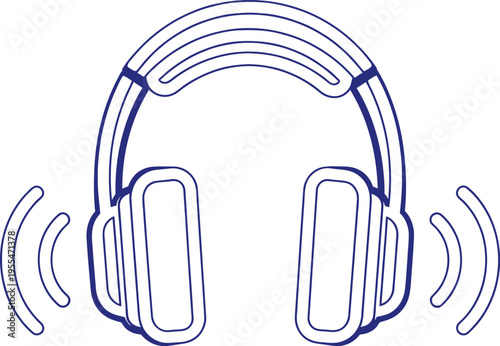 A stylized illustration of a pair of headphones with sound waves emanating from the speakers on a white background