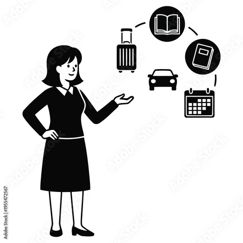 A woman presenting travel and tourism related items