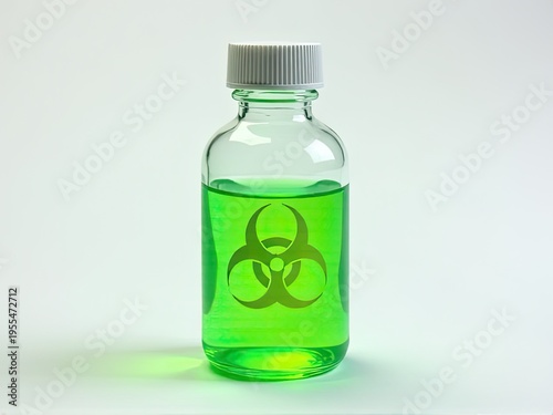 A bottle with a biohazard symbol warning label, containing an unknown liquid