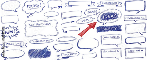 Blue pen text boxes and shapes collection. Blue ball pen ovals, rectangles and starburst doodles at grid notebook background. Crayon drawn note speech bubbles and shapes for text.