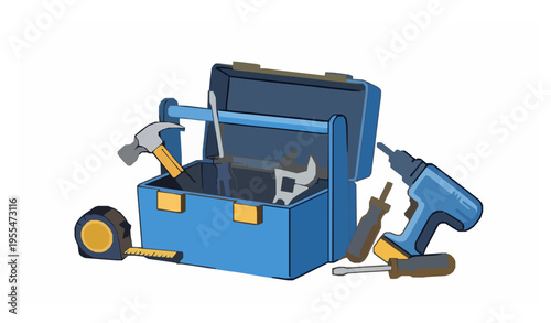 Open blue toolbox with assorted tools and power drill vector for home improvement projects