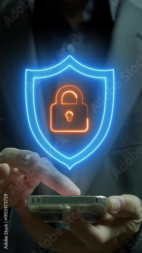 Businessman showing glowing neon line of padlock shield animated icon. Secure service, protect data, cyber shield, antivirus solution, internet safety, firewall system, privacy concept.