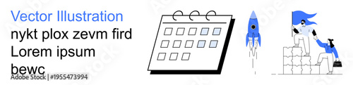 Business strategy, teamwork, leadership, planning, project management, growth concepts. Calendar, rocket and two people collaborating. Business strategy and planning illustration with teamwork focus