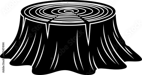 Black silhouette of a tree stump with visible growth rings and bark texture, symbolizing nature, deforestation, or time