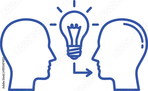 Two heads facing each other with a lightbulb in the middle representing an idea or inspiration