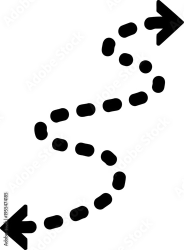 Dotted arrow path zig-zagging direction symbol with opposing arrows indicating movement and change, isolated graphic element, zig zag