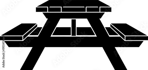 Black silhouette icon of a picnic table, graphic for outdoor dining, camping, parks, and recreation