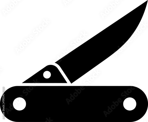 Simple black and white silhouette of an open pocket knife with a sharp blade extended, symbolizing utility, tools, or survival, graphic resource