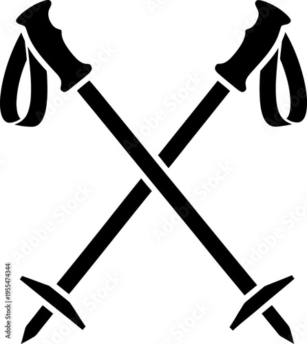 Crossed pair of black and white ski or trekking poles icon, symbolizing winter sports, hiking, or outdoor activities, graphic resource