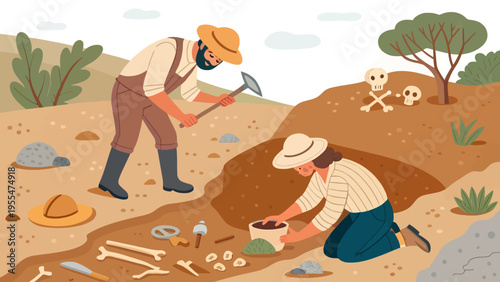 Two archaeologists excavating a site with tools and artifacts in a desert landscape