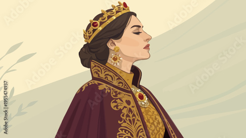 A regal woman wearing a crown and ornate robes stands majestically in a serene landscape