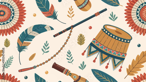 A vibrant and colorful illustration of traditional Indian musical instruments and decorative elements