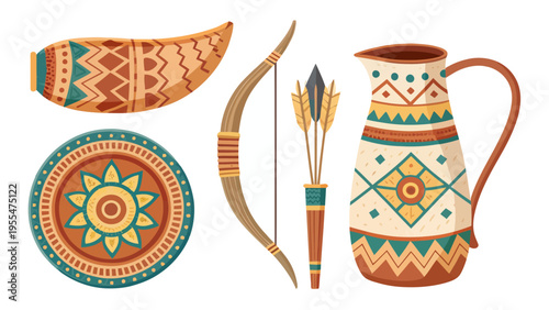A collection of traditional tribal items including a plate, bowl, bow, arrows, and pitcher with colorful geometric patterns